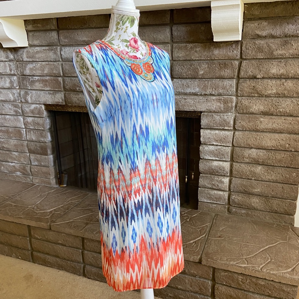 Tribal print beaded neckline sleevesless